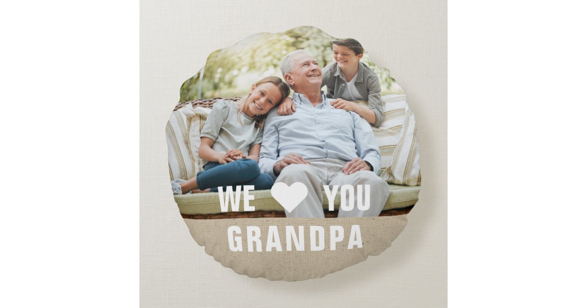 Modern Photo Grandpa Script Heart Round Pillow | Zazzle