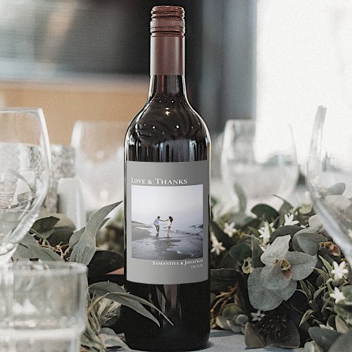 Modern Photo Gray Love  Thanks Minimal Wedding Wine Label