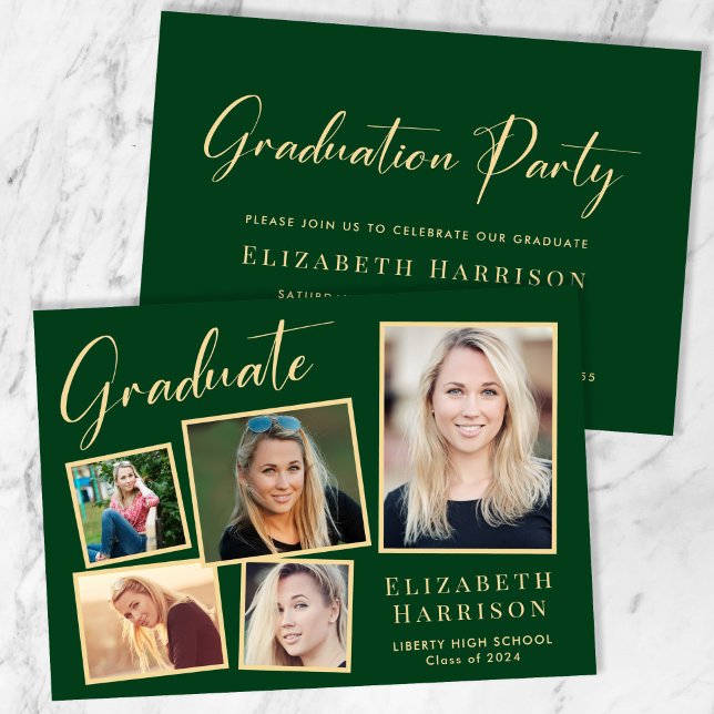 Modern Photo Green Gold Graduation Party Invitation (Our user-friendly template makes it a breeze to upload your photos and personalize your invitation)