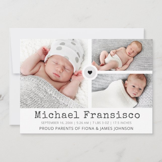 Modern Photo Grid Collage Stats Birth Announcement (Front)