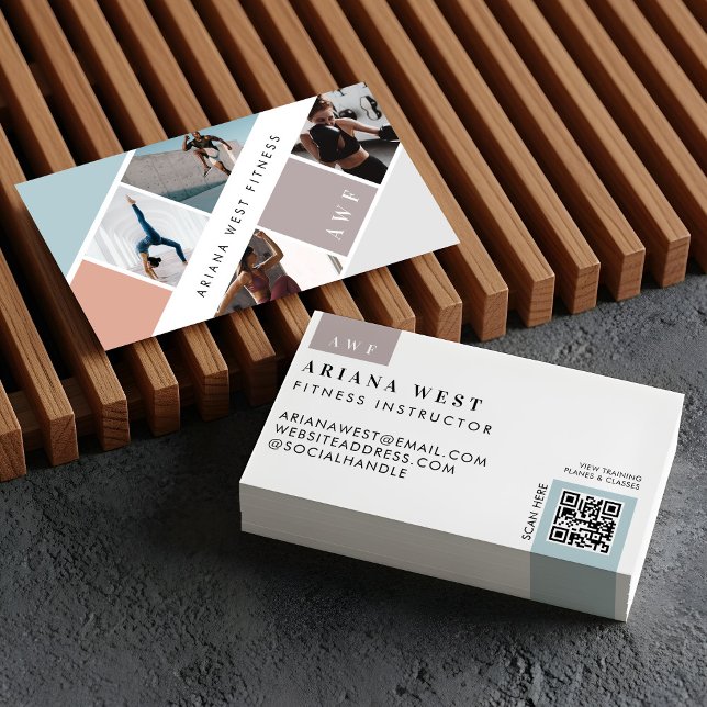 Modern Photo Grid Personal Trainer Fitness Coach Business Card (Modern Four Photo Collage Personal Trainer Fitness Business Card)