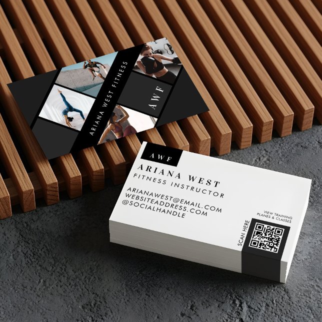 Modern Photo Grid Personal Trainer Fitness Coach Business Card (Modern Four Photo Collage Personal Trainer Fitness Business Card)