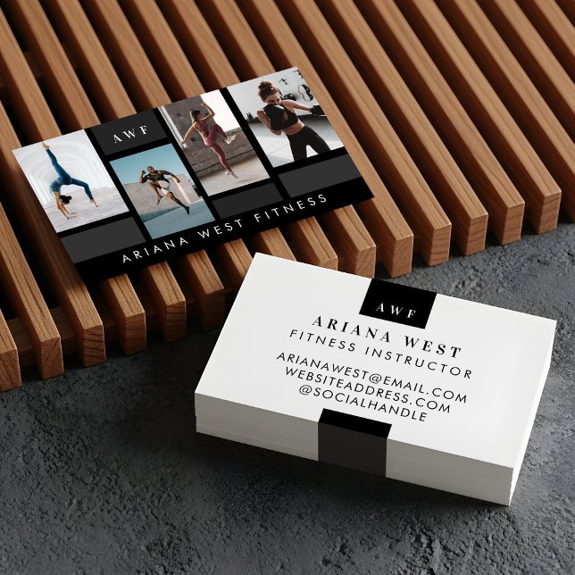 Modern Photo Grid Personal Trainer Fitness Coach Business Card (Modern Four Photo Collage Personal Trainer Fitness Business Card)