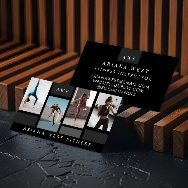 Modern Photo Grid Personal Trainer Fitness Coach Business Card (Modern Four Photo Collage Personal Trainer Fitness Business Card)