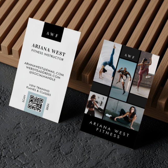 Modern Photo Grid Personal Trainer Fitness Coach Business Card (Modern Four Photo Collage Personal Trainer Fitness Business Card)