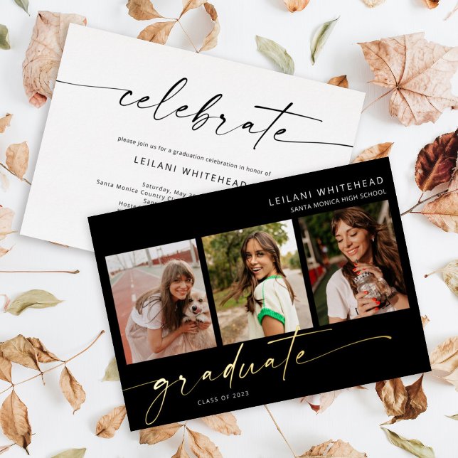 Modern Photo Hand Lettered Graduate Black Foil Invitation (Creator Uploaded)