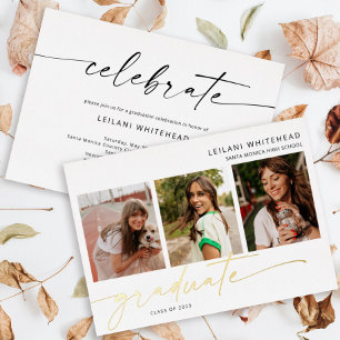 Modern Photo Hand Lettered Graduate White Foil Invitation