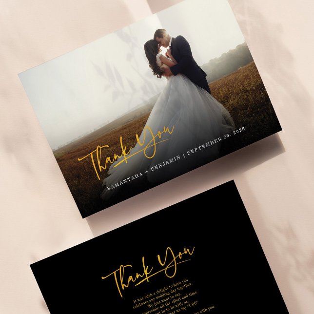 Modern Photo Hand-Lettered Script Wedding Thank You Card (Newlyweds Photo Script Thank You Card)