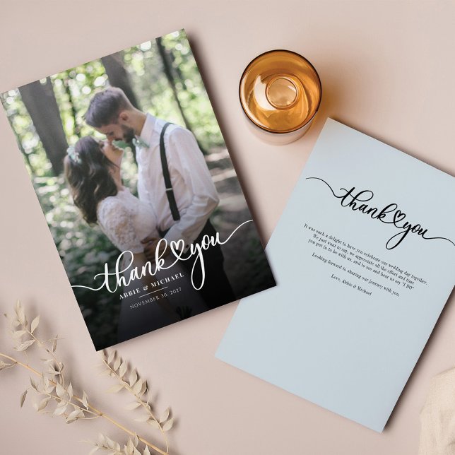 Modern Photo Hand-Lettered Wedding Thank You Note Card (Modern Wedding Photo Guests Thank You Script Handwritten Card)