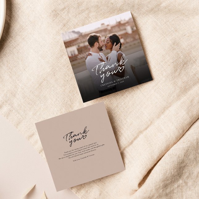 Modern Photo Hand-Lettered Wedding Thank You Note Card (Elegant Photo Wedding Tan Thank You Mini Card)