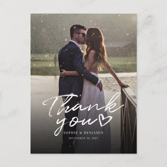 Modern Photo Hand-Lettered Wedding Thank You Postcard (Front)