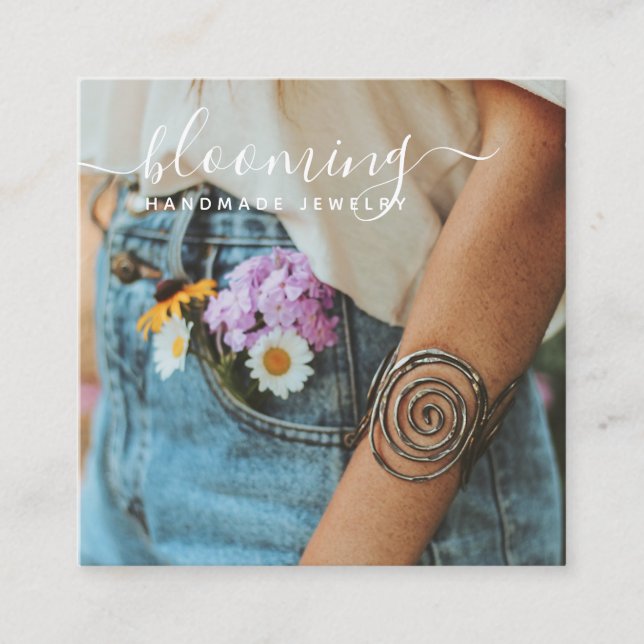 Modern photo handmade jewelry script social media square business card (Front)