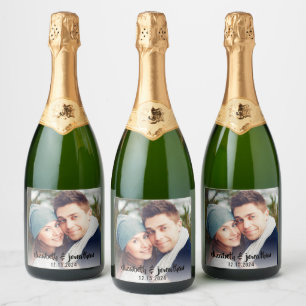 Modern Photo Handwritten Script Custom Wedding Sparkling Wine Label