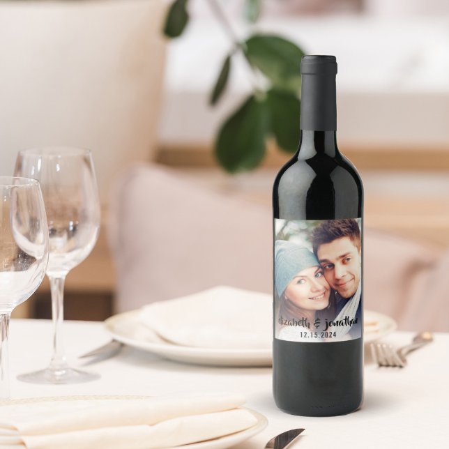 Modern Photo Handwritten Script Custom Wedding Wine Label (Creator Uploaded)