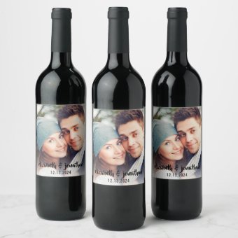 Modern Photo Handwritten Script Custom Wedding Wine Label 