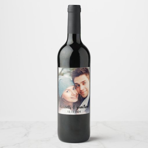 Modern Photo Handwritten Script Custom Wedding Wine Label | Zazzle