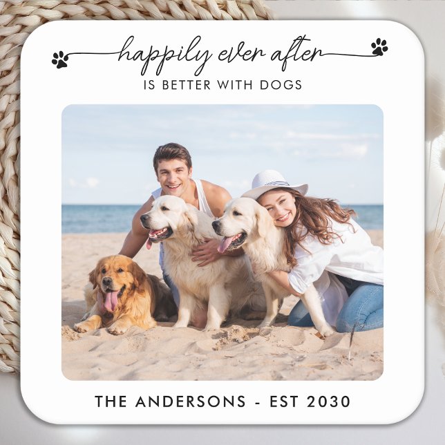 Modern Photo Happily Ever After Dog Pet Wedding Square Paper Coaster (Creator Uploaded)