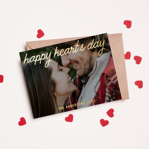 Modern Photo Happy Hearts Day Script Foil Holiday Postcard