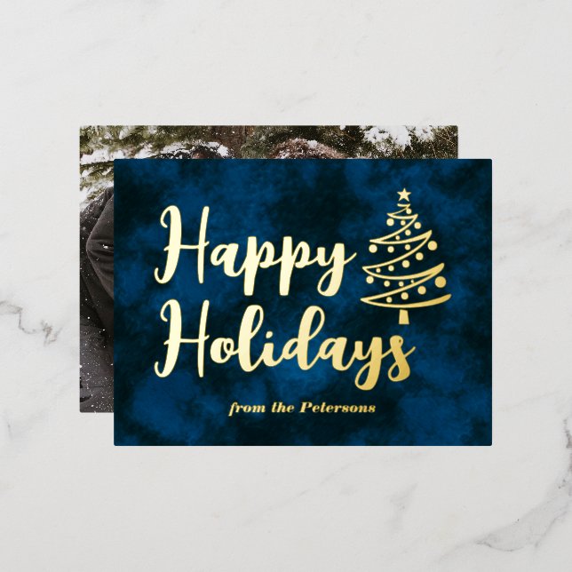Modern Photo Happy Holiday Tree Blue Gold (Front/Back)