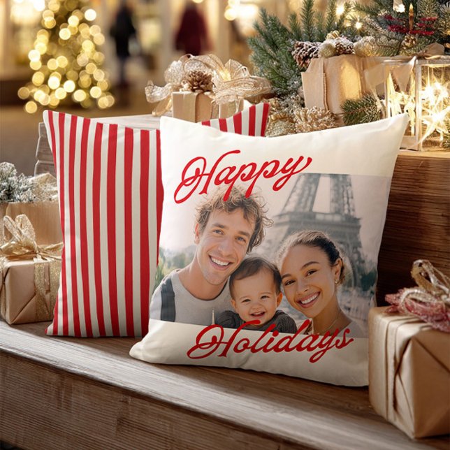 Modern Photo Happy Holidays Family Keepsake Throw Pillow (Creator Uploaded)