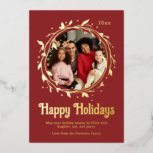 Modern Photo Happy Holidays Script Wreath Foil Holiday Card (Front)