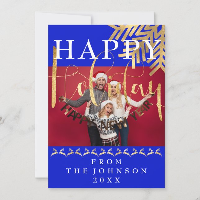 Modern Photo Happy New Year Holiday Blue Gold (Front)