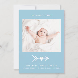 Modern Photo Heart Arrow Blue Baby Boy Birth Announcement
