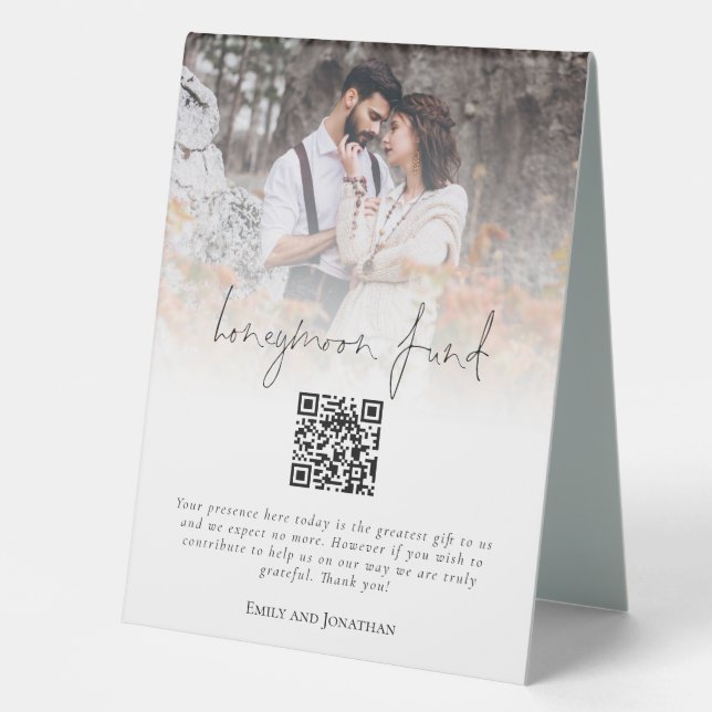 Modern Photo Honeymoon Fund QR Wedding Table Tent (Front)