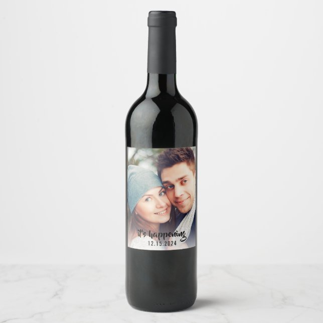 Modern Photo It's Happening Wedding Shower Wine Label (Front)