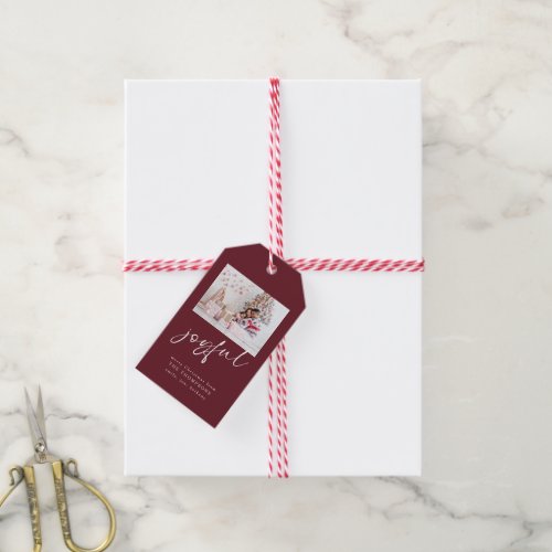 Modern Photo Joyful Script Burgundy Christmas  Gift Tags