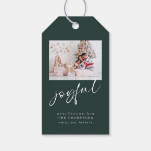 Modern Photo Joyful Script Green Christmas  Gift Tags