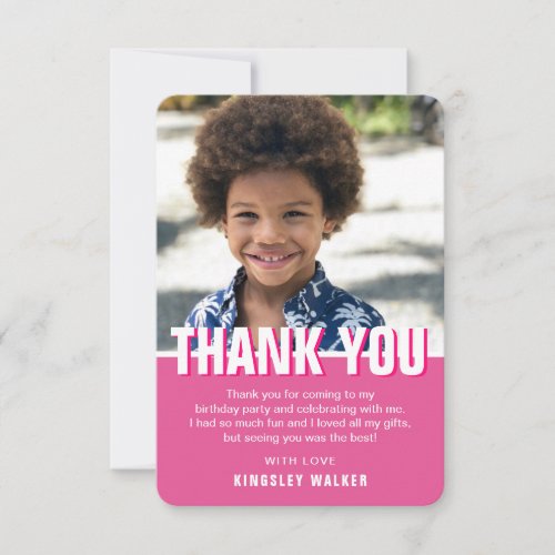 Modern Photo Kids Birthday Thanks  Pink Thank You Card