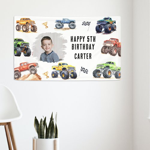 Modern Photo  Kids Monster Trucks Birthday Party Banner