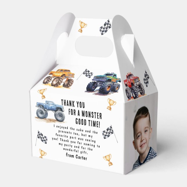 Modern Photo | Kids Monster Trucks Birthday Party Favor Boxes (Front Side)