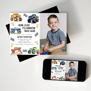 Modern Photo | Kids Monster Trucks Birthday Party Invitation
