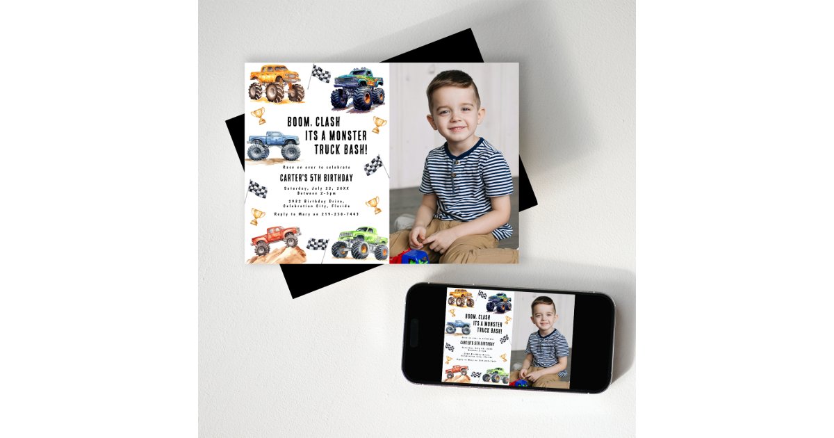 Modern Photo | Kids Monster Trucks Birthday Party Invitation