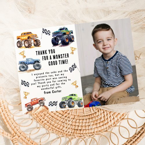 Modern Photo  Kids Monster Trucks Birthday Party Thank You Card