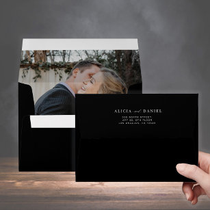 Modern photo liner wedding return address black envelope