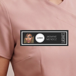 Modern PHOTO & Logo Black White Lashes Artist Name Tag