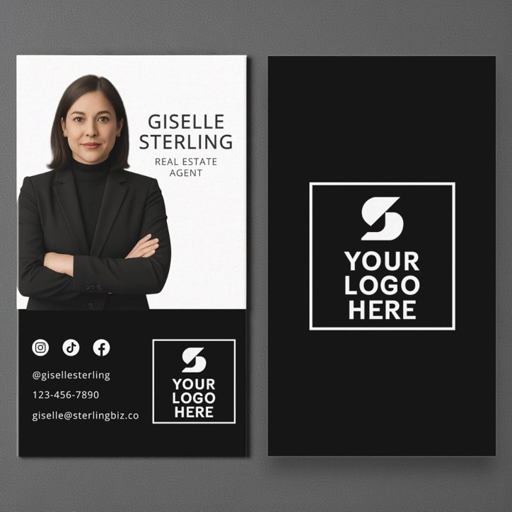 Modern Photo Logo Real Estate Agent Black White Business Card