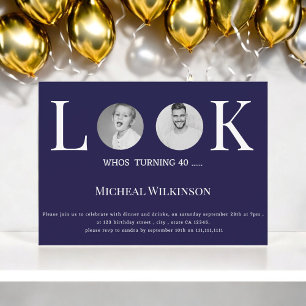 modern photo look whos 40 navy blue birthday invitation