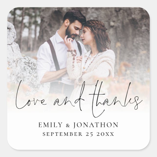 Modern Photo Love and Thanks Wedding  Square Sticker (Front)