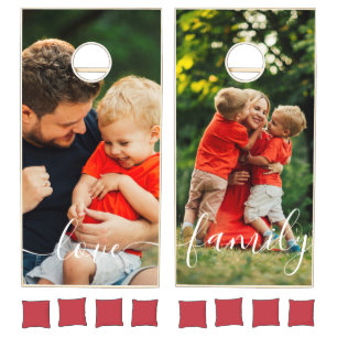 Modern Photo Love Family Handwritten White Script Cornhole Set
