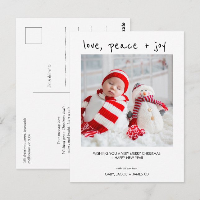 Modern Photo Love Peace Joy Christmas Postcard (Front/Back)