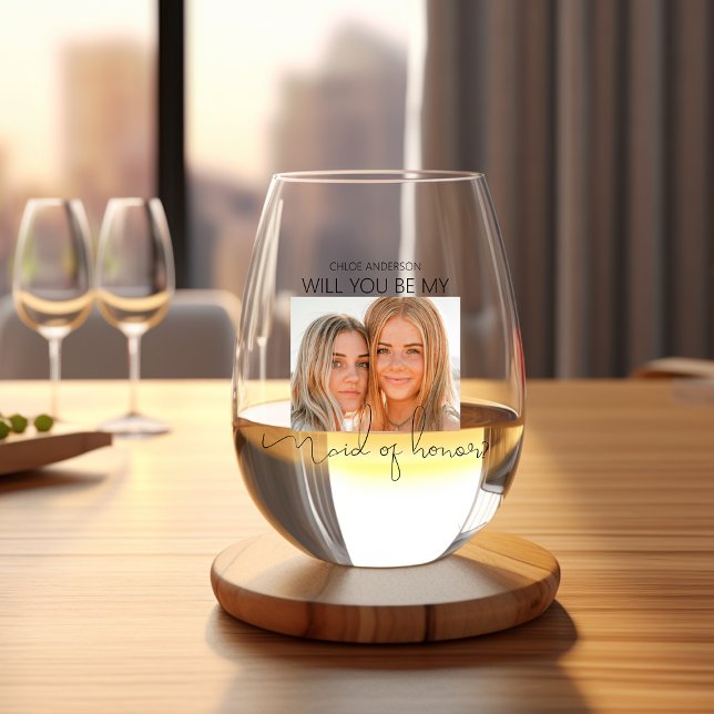Modern Photo Maid Of Honor Proposal Stemless Wine Glass (Creator Uploaded)