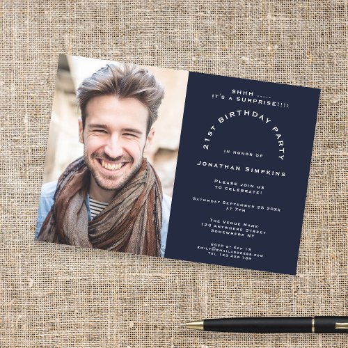 Modern Photo Man 21st Surprise Party Navy  Invitation