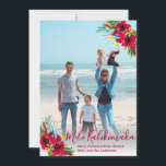 Modern Photo Mele Kalikimaka Christmas Cards<br><div class="desc">Modern Mele Kalikimaka Christmas Photo Holiday Cards. This pretty holiday card design feature a burgundy red hand lettered typography greeting „Mele Kalikimaka” with red or burgundy tropical floral arrangements at the two corner. At the backing floral arrangements on burgundy color background. You can personalize the design by replacing the sample...</div>