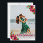 Modern Photo Mele Kalikimaka Christmas Cards<br><div class="desc">Modern Mele Kalikimaka Christmas Photo Holiday Cards. This pretty holiday card design feature a burgundy red hand lettered typography greeting „Mele Kalikimaka” with red or burgundy tropical floral arrangements at the two corner. At the backing floral arrangements on burgundy color background. You can personalize the design by replacing the sample...</div>