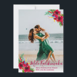 Modern Photo Mele Kalikimaka Christmas Cards<br><div class="desc">Modern Mele Kalikimaka Christmas Photo Holiday Cards. This pretty holiday card design feature a burgundy red hand lettered typography greeting „Mele Kalikimaka” with red or burgundy tropical floral arrangements at the two corner. At the backing floral arrangements on burgundy color background. You can personalize the design by replacing the sample...</div>