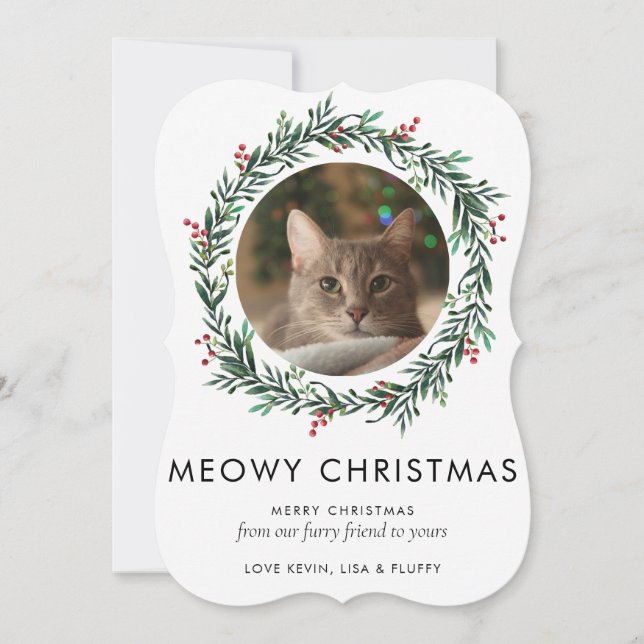Modern Photo Meowy Christmas Christmas Cat Wreath Holiday Card (Front)